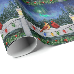 Papel De Presente Cardinhos e Luzes de Natal Neve de inverno