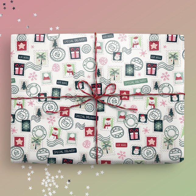 Papel De Presente Carimbos de correio de Natal Ilustrados (Gift Mockup)