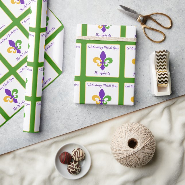 Papel De Presente Carnaval NAME Verde Dourado Roxo Fleur de Lis (Artesanato)