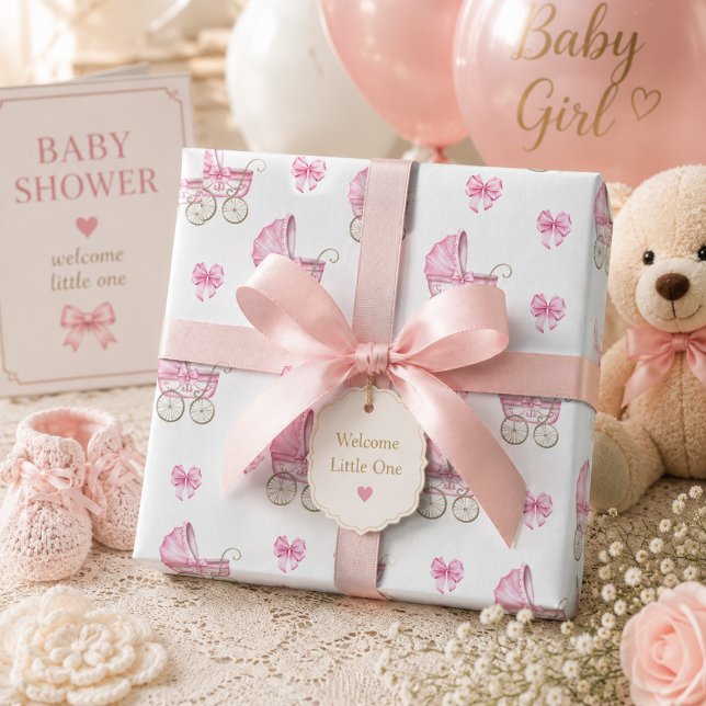 Papel De Presente Carrinho de Bebê Rosa & Arco de Água-marinha (Criador carregado)
