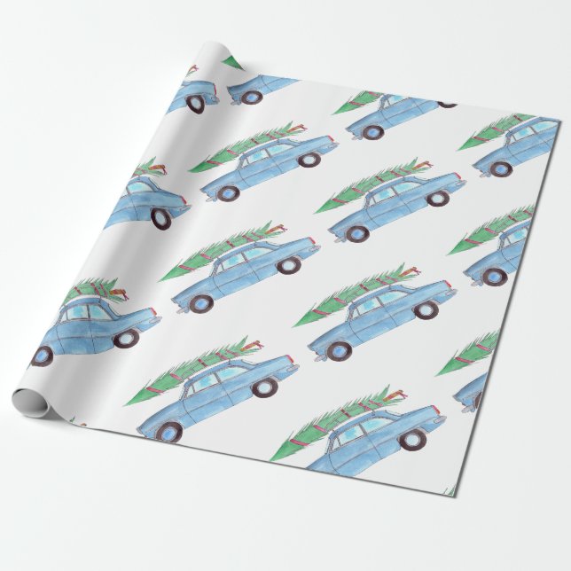 Papel De Presente Carro Azul com Árvore de Natal (Desenrolado)