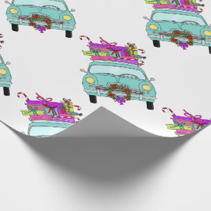 Papel De Presente Carro Azul com Presentes de Natal