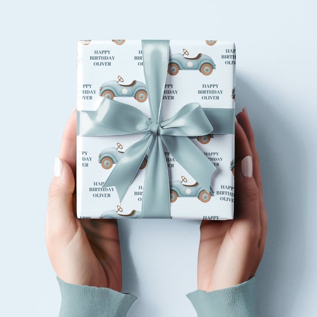 Papel De Presente Carro Azul De Aquarela | Feliz aniversário (Criador carregado)