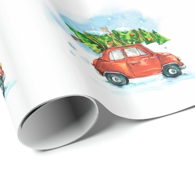 Papel De Presente Carro de Aquarela com árvore de Natal (Ponta do rolo)