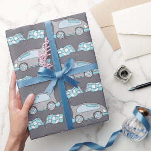 Papel De Presente Carro de Corrida e Bandeiras Padrão Azul Crianças