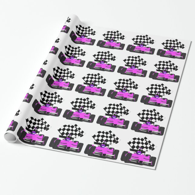 Papel De Presente Carro Race Rosa Girly com Bandeira Verificada (Desenrolado)