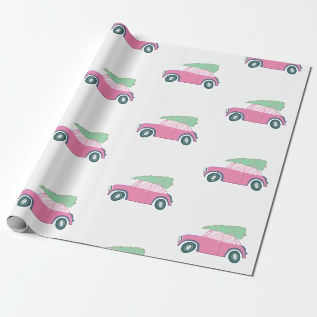 Papel De Presente Carro rosa-bonito com árvore de Natal em Aquarela (Desenrolado)