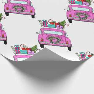 Papel De Presente Carro Rosa com Presentes de Natal