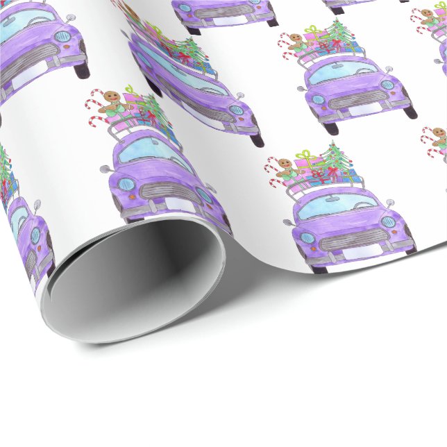 Papel De Presente Carro roxo com dobras de Natal (Ponta do rolo)