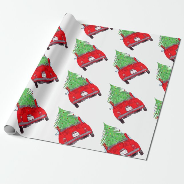 Papel De Presente Carro Vermelho com árvore de Natal (Desenrolado)