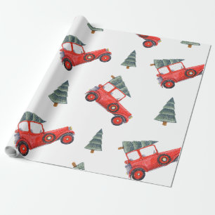 Papel De Presente Carro Vermelho de Feriado e Árvore de Natal