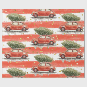 Papel De Presente Carro vermelho de Natal com árvore de Natal Embr