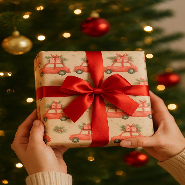 Papel De Presente Carro vermelho festivo | Design de Natal para pres (Criador carregado)