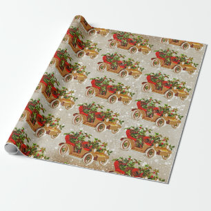 Papel De Presente Carro vintage de Natal bonito com Holly Beige Kraf