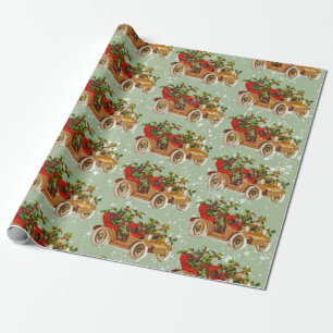 Papel De Presente Carro vintage de Natal bonito Holly Sage Verde