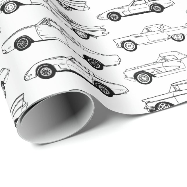 Papel De Presente Carros clássicos em design preto (Ponta do rolo)