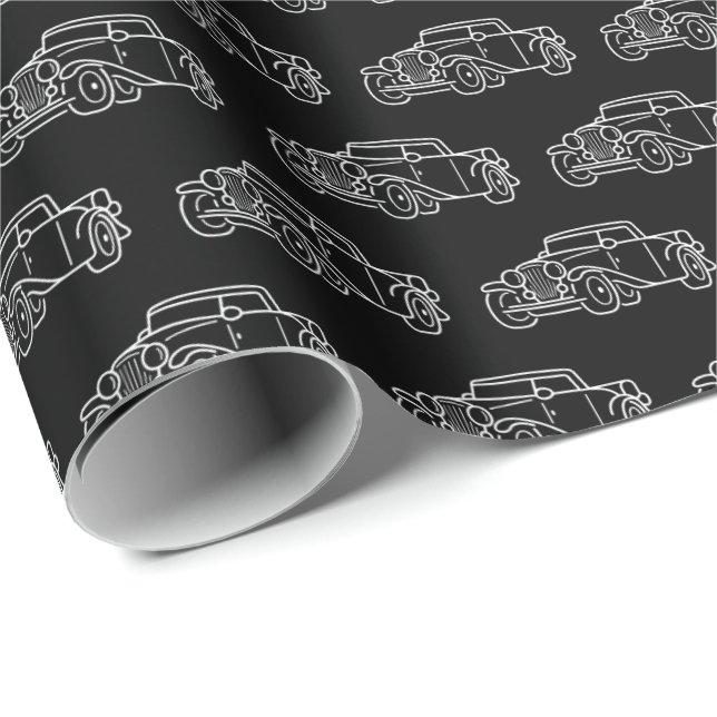 Papel De Presente Carros Clássicos Retro Simples Elegantes Preto e B (Ponta do rolo)