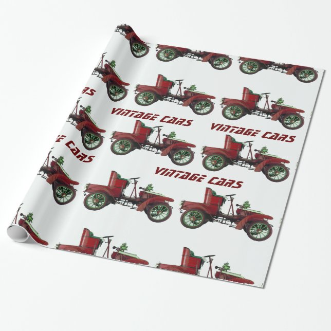 Papel De Presente CARROS VINTAGE Vermelho Preto Branco (Desenrolado)