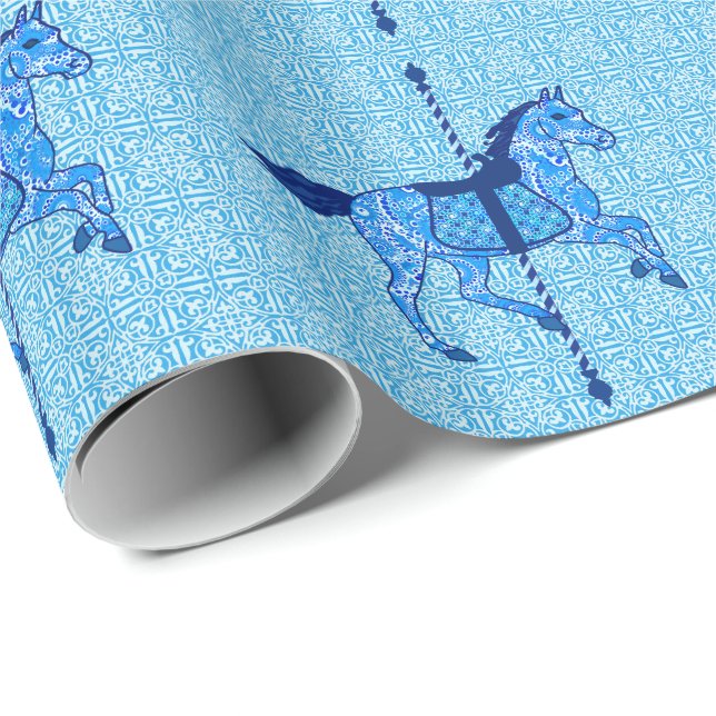 Papel De Presente Carrossel Horse - Cobalto e Azul-Céu (Ponta do rolo)