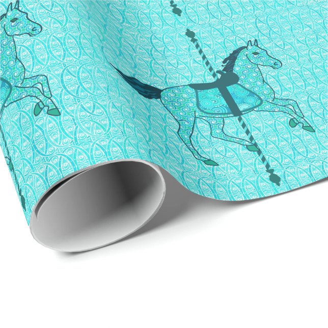Papel De Presente Carrossel Horse - Turquesa e Aqua (Ponta do rolo)