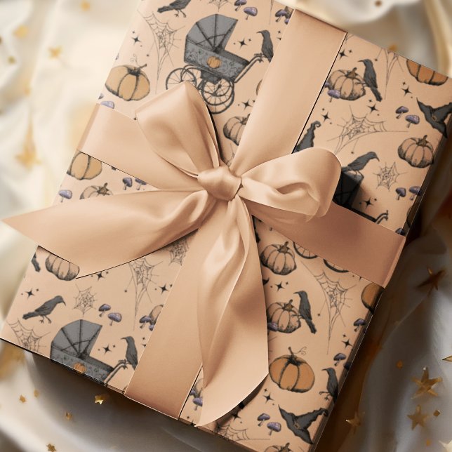 Papel De Presente Carruagem de Bebê Laranja Gótica Halloween (Hand-Drawn Victorian Baby Carriages, Pumpkins, Witch Hats, Crows, Spiderwebs and Tiny Mushrooms.)