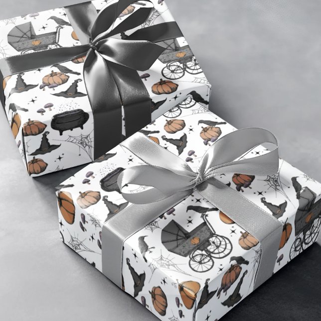 Papel De Presente Carruagem Gótica de Bebê (Gothic Spooky yet Elegant Victorian Baby Carriage Halloween Wrapping Paper. Hand-Drawn in Black Ink.)