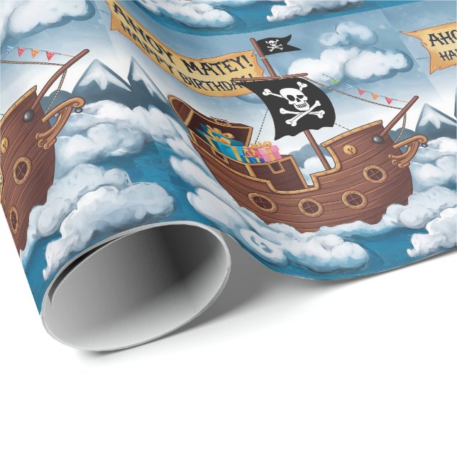 Papel De Presente Cartão de Aniversário de Navio Pirata - Ahoy Matey (Ponta do rolo)