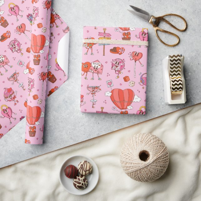 Papel De Presente Cartões do Namorados Retro Groovy (Artesanato)