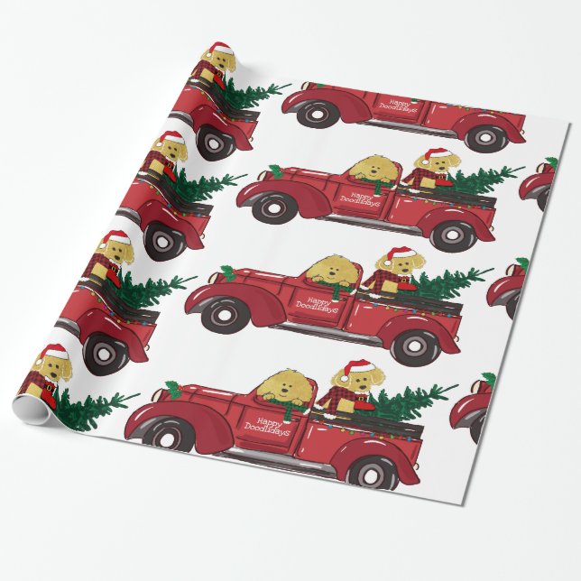 Papel De Presente Cartografia Goldendoodles Caminhão de Natal Vermel (Desenrolado)