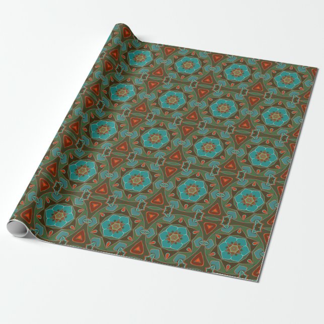 Papel De Presente Cartografia Mandala Flor Azul e Laranja (Desenrolado)