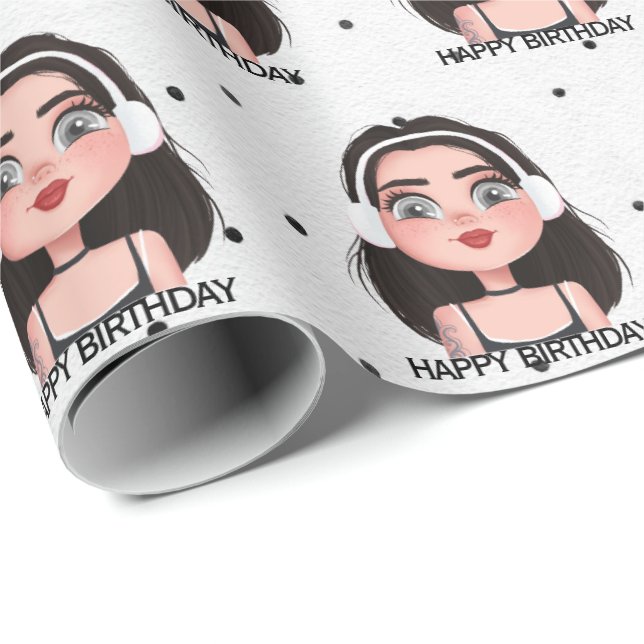 Papel De Presente Cartoon Birthday Girl com Fones de ouvido (Ponta do rolo)