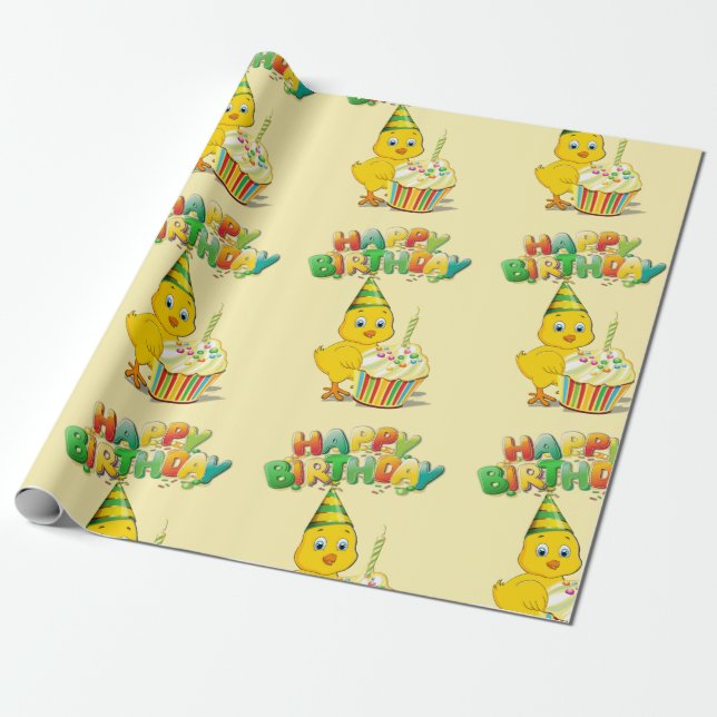 Papel De Presente Cartoon Colorida Birthday Chicken (Desenrolado)
