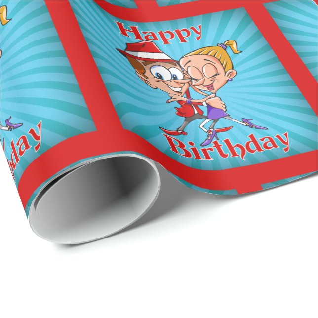 Papel De Presente Cartoon Dancers Feliz Aniversário (Ponta do rolo)
