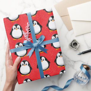 Papel De Presente Cartoon de Pinguim Bonito, Vermelho Inverno