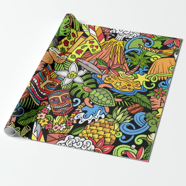 Papel De Presente Cartoon doodles Hawaii seamless pattern. Backdrop  (Desenrolado)