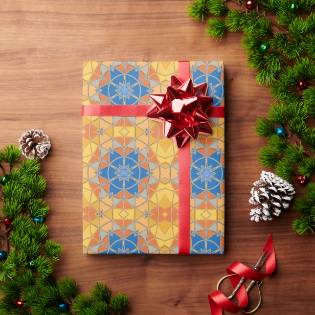 Papel De Presente Cartoon Mandala Blue Orange and Yellow (Presente de Natal)