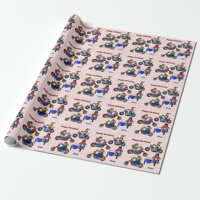 Papel De Presente Cartoon Motorcycle Bikers Gift Wrap - Personalizar (Desenrolado)