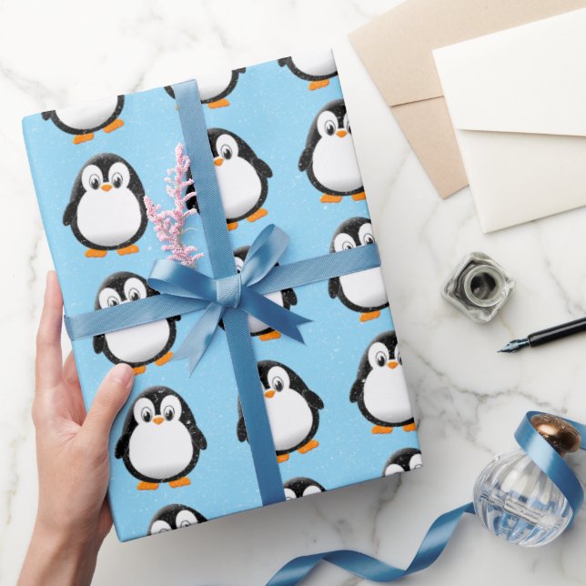 Papel De Presente Cartoon Pinguim Cónico - Azul de inverno (Presentear)