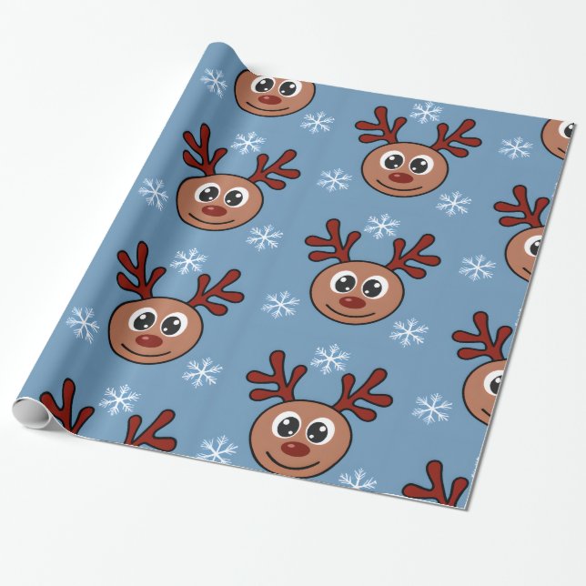 Papel De Presente Cartoon Rudolph Red Nosed Reindeer e Snowflakes (Desenrolado)