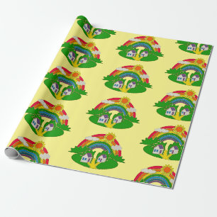 Papel De Presente Cartoon rural com arco-íris e casa de campo