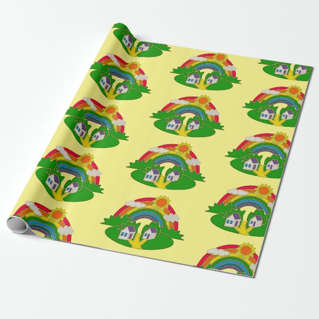 Papel De Presente Cartoon rural com arco-íris e casa de campo (Desenrolado)