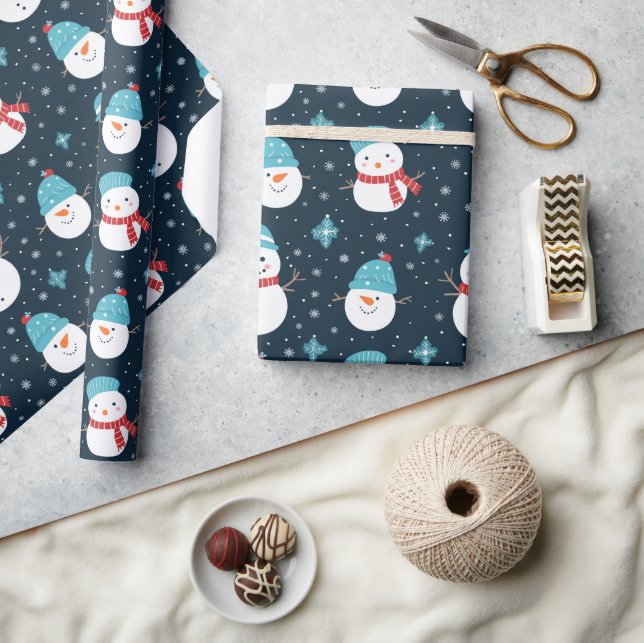 Papel De Presente Cartoon Snowmen Dark Blue White Patterno Presente (Artesanato)