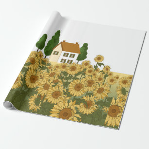 Papel De Presente Casa, árvores altas e um campo de girassóis no