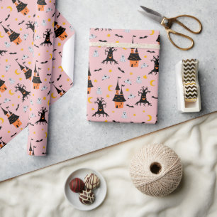Papel De Presente Casa Assombrada Assustadora Rosa de Halloween
