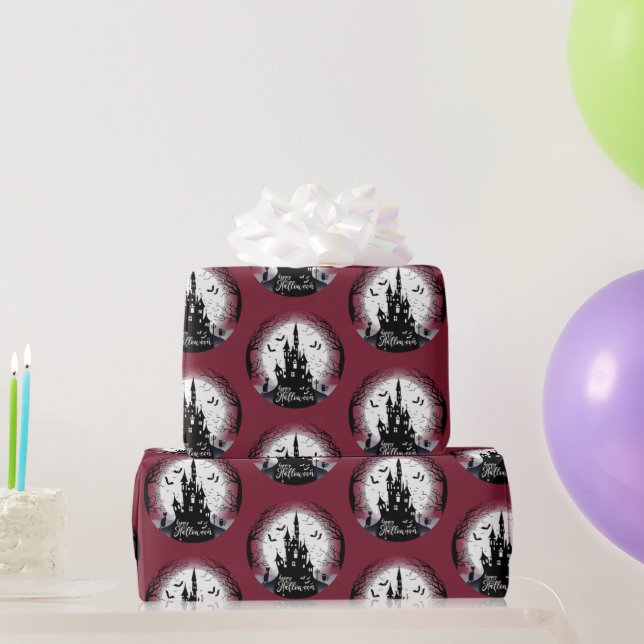 Papel De Presente Casa Assombrada Lua Cheia Morcegos Feliz Halloween (Presentes para festas)
