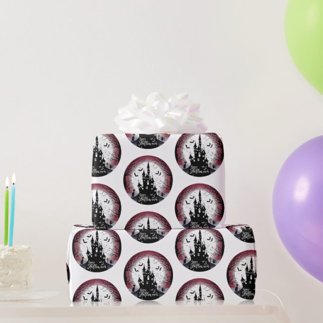 Papel De Presente Casa Assombrada Lua Cheia Morcegos Feliz Halloween (Presentes para festas)