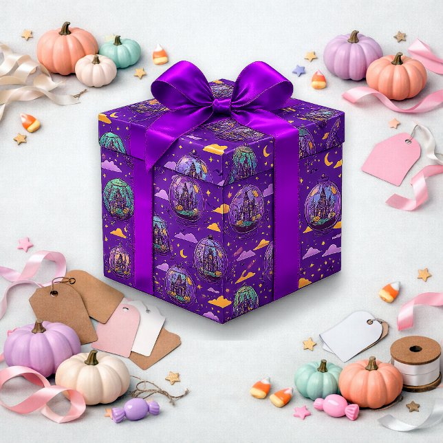 Papel De Presente Casa Assombrada Roxa Caprichosa Padrão de Hallowee (Criador carregado)