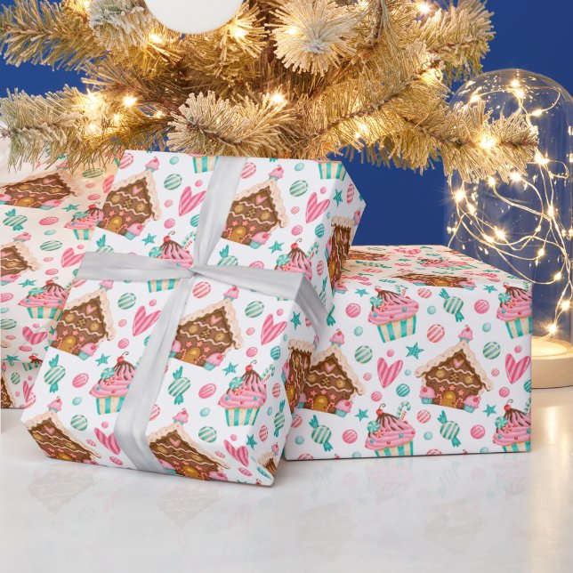 Papel De Presente Casa de Biscoito de Natal, Cupcakes, Doces  (Feriados)