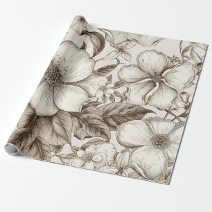 Papel De Presente Casa de Campo Floral Sepia Creme Vintage