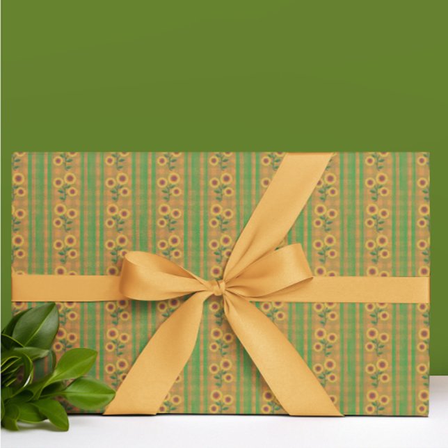 Papel De Presente Casa de Campo Marrom Verde Amarelo Girassóis (Retro farmhouse gift wrap)